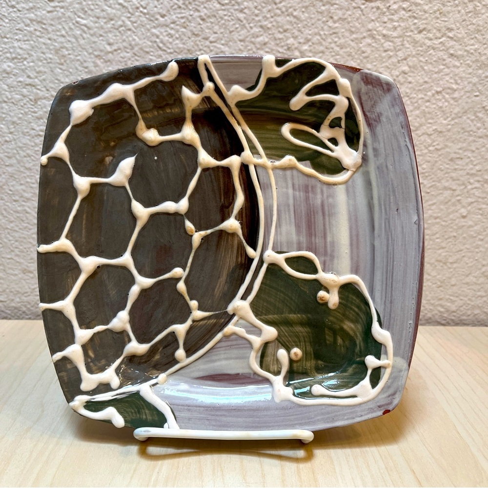 Square Turtle Plate, Square, Artist Made, Terra Cotta with Slip & Glaze.
